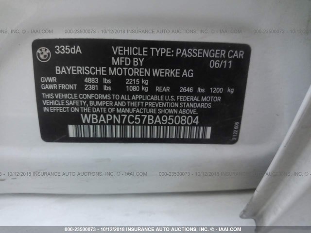 WBAPN7C57BA950804 - 2011 BMW 335 D WHITE photo 9