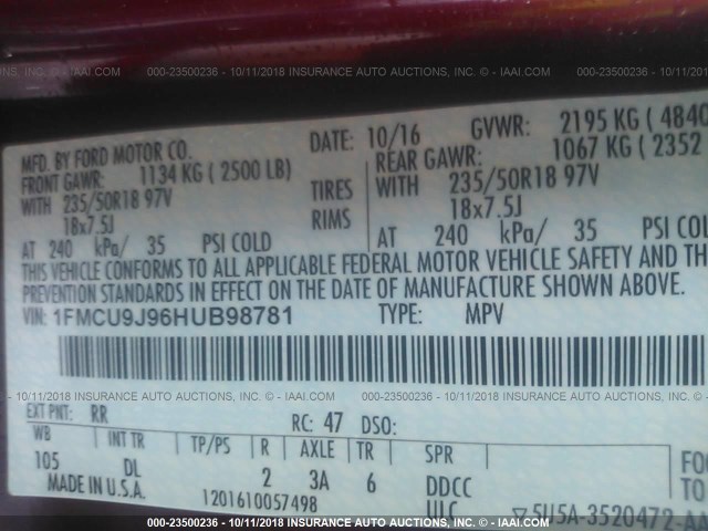 1FMCU9J96HUB98781 - 2017 FORD ESCAPE TITANIUM MAROON photo 9