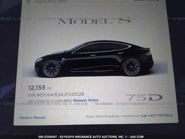 5YJSA1E24JF243528 - 2018 TESLA MODEL S BLACK photo 7