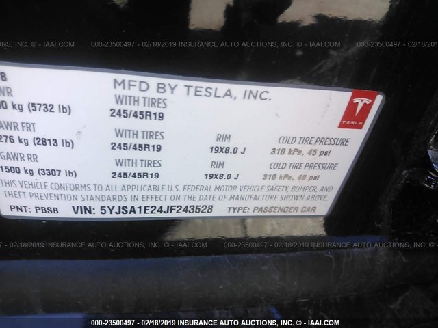 5YJSA1E24JF243528 - 2018 TESLA MODEL S BLACK photo 9