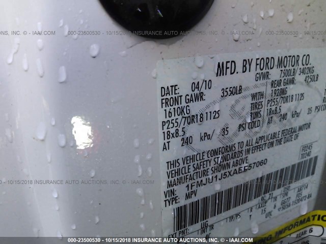 1FMJU1J5XAEB57060 - 2010 FORD EXPEDITION EDDIE BAUER WHITE photo 9