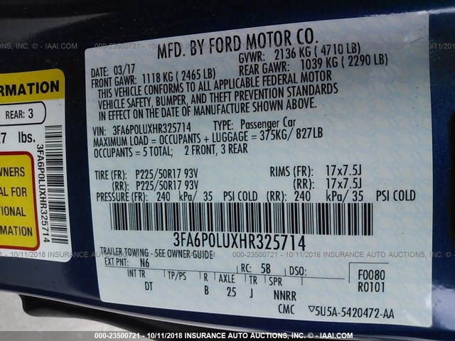 3FA6P0LUXHR325714 - 2017 FORD FUSION SE HYBRID BLUE photo 9