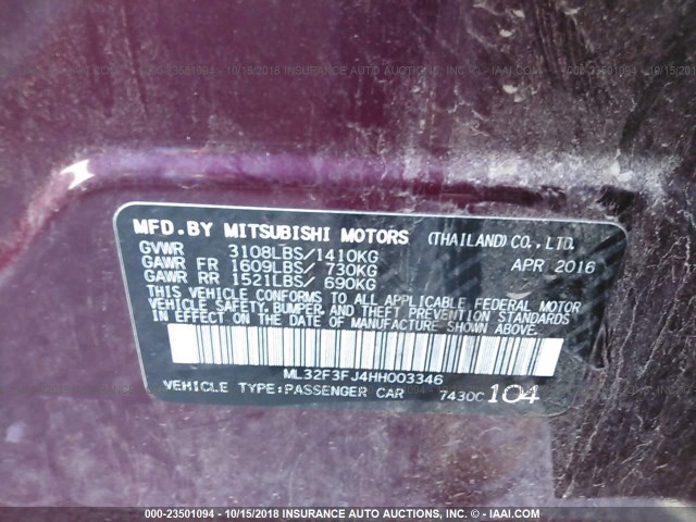 ML32F3FJ4HH003346 - 2017 MITSUBISHI MIRAGE G4 ES იასამნისფერი ფოტო 9