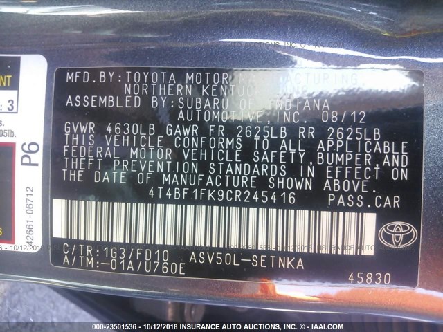 4T4BF1FK9CR245416 - 2012 TOYOTA CAMRY SE/LE/XLE 灰色 照片 9