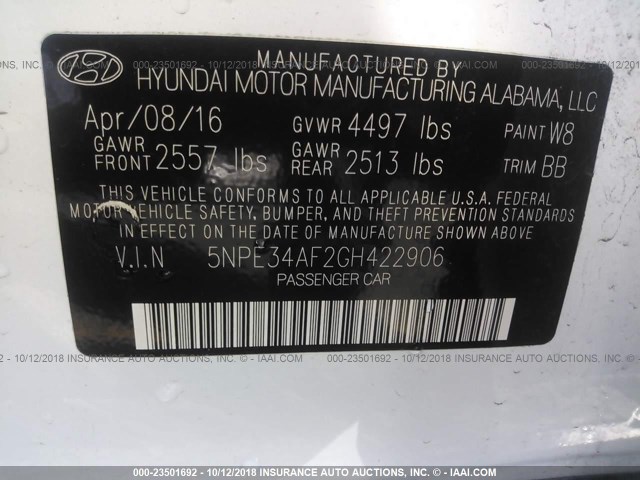 5NPE34AF2GH422906 - 2016 HYUNDAI SONATA SPORT/LIMITED WHITE photo 9