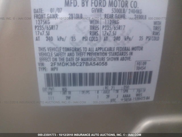 2FMDK38C27BA54058 - 2007 FORD EDGE SEL TAN photo 9