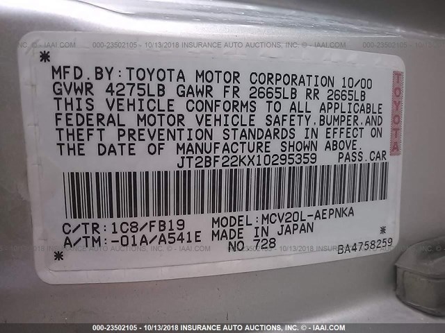 JT2BF22KX10295359 - 2001 TOYOTA CAMRY CE/LE/XLE SILVER photo 9