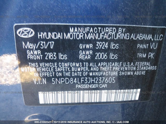 5NPD84LF3JH237605 - 2018 HYUNDAI ELANTRA SEL/VALUE/LIMITED BLUE photo 9