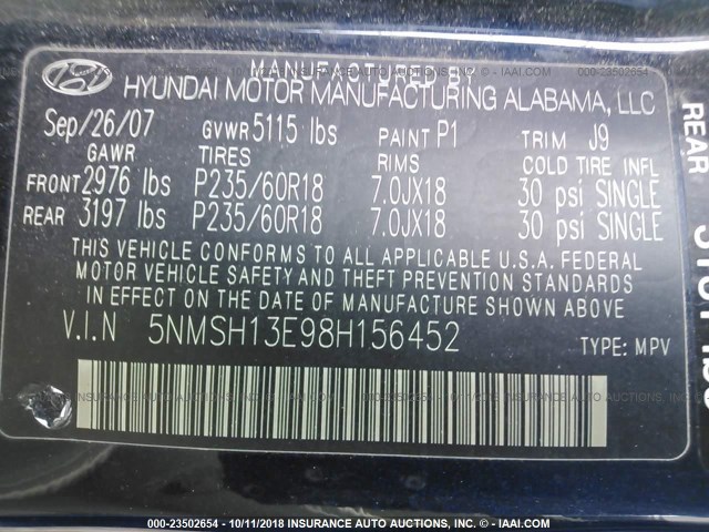 5NMSH13E98H156452 - 2008 HYUNDAI SANTA FE SE/LIMITED BLUE photo 9