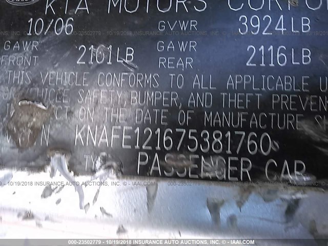 KNAFE121675381760 - 2007 KIA SPECTRA EX/LX GRAY photo 9