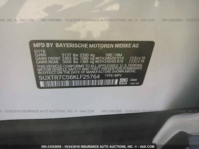 5UXTR7C56KLF25764 - 2019 BMW X3 SDRIVE30I Weiß Foto 9