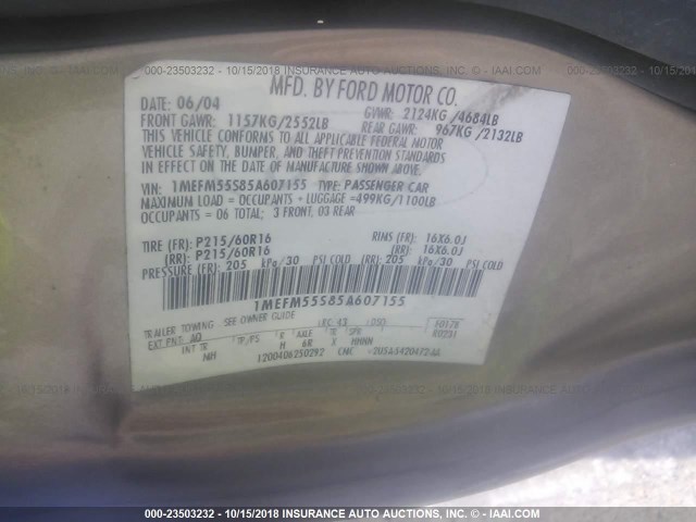 1MEFM55S85A607155 - 2005 MERCURY SABLE LS PREMIUM GOLD photo 9