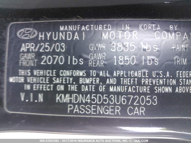 KMHDN45D53U672053 - 2003 HYUNDAI ELANTRA GLS/GT BLACK photo 9