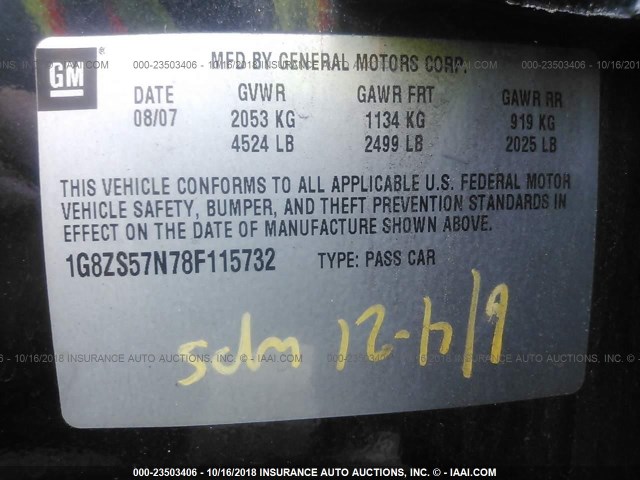 1G8ZS57N78F115732 - 2008 SATURN AURA XE BLACK photo 9