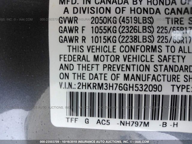 2HKRM3H76GH532090 - 2016 HONDA CR-V EXL GRAY photo 9