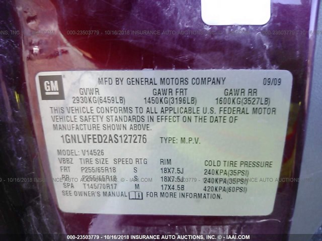 1GNLVFED2AS127276 - 2010 CHEVROLET TRAVERSE LT MAROON photo 9