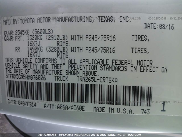 5TFRX5GN5HX076026 - 2017 TOYOTA TACOMA ACCESS CAB/SR/SR5 თეთრი ფოტო 9