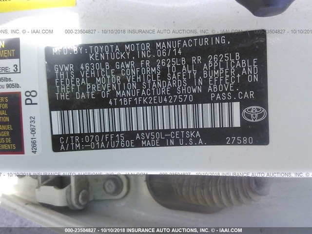 4T1BF1FK2EU427570 - 2014 TOYOTA CAMRY L/SE/LE/XLE Ağ foto 9