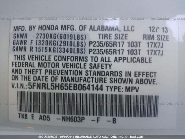 5FNRL5H65EB064144 - 2014 HONDA ODYSSEY EXL WHITE photo 9