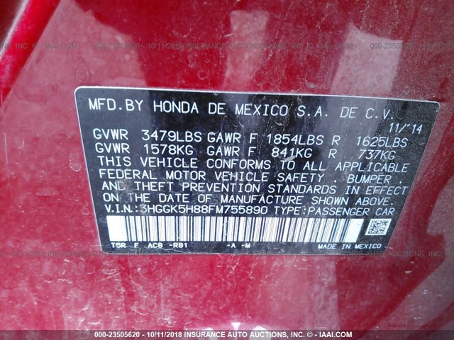 3HGGK5H88FM755890 - 2015 HONDA FIT EX/EXL RED photo 9