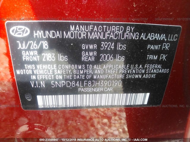 5NPD84LF8JH390190 - 2018 HYUNDAI ELANTRA SEL/VALUE/LIMITED RED photo 9