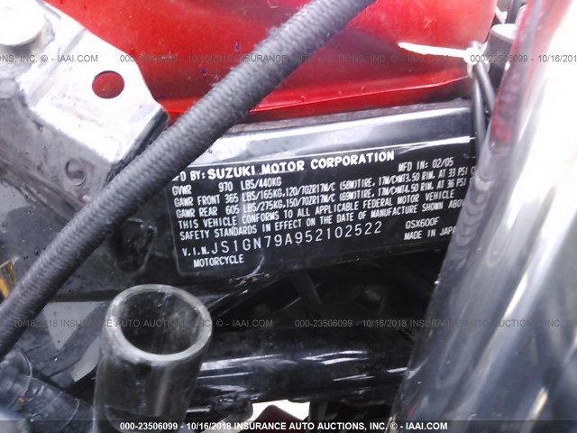 JS1GN79A952102522 - 2005 SUZUKI GSX600 F RED photo 10