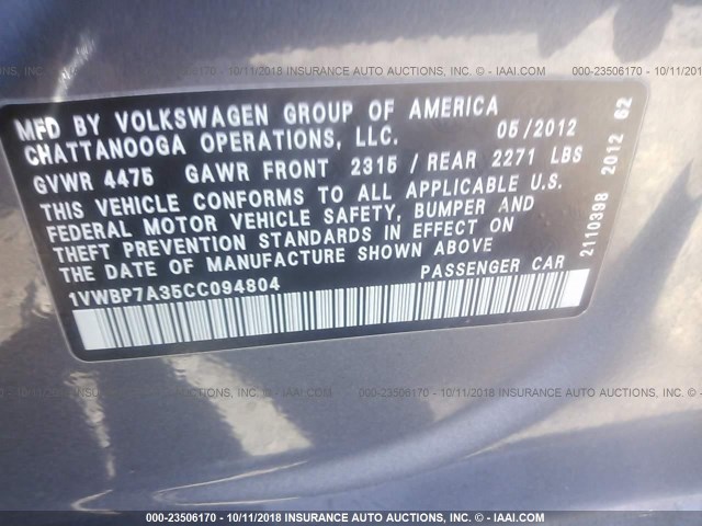 1VWBP7A35CC094804 - 2012 VOLKSWAGEN PASSAT SE GRAY photo 9