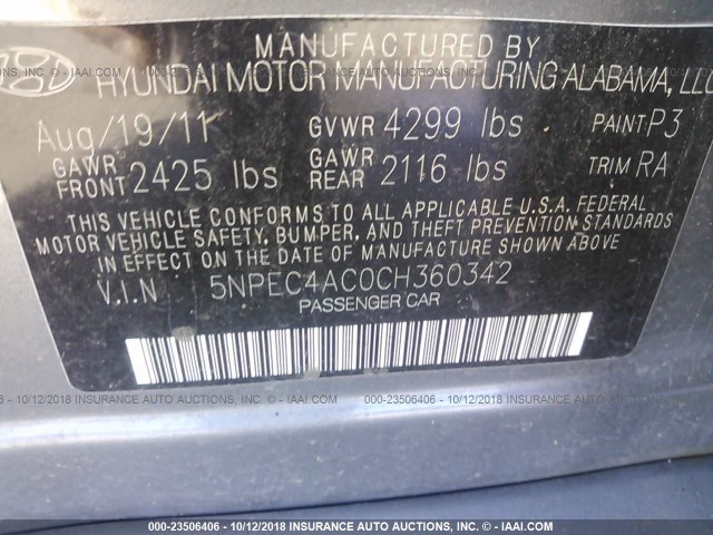 5NPEC4AC0CH360342 - 2012 HYUNDAI SONATA SE/LIMITED GRAY photo 9