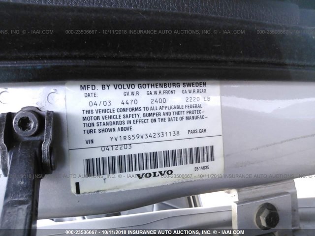 YV1RS59V342331138 - 2004 VOLVO S60 2.5T SILVER photo 9