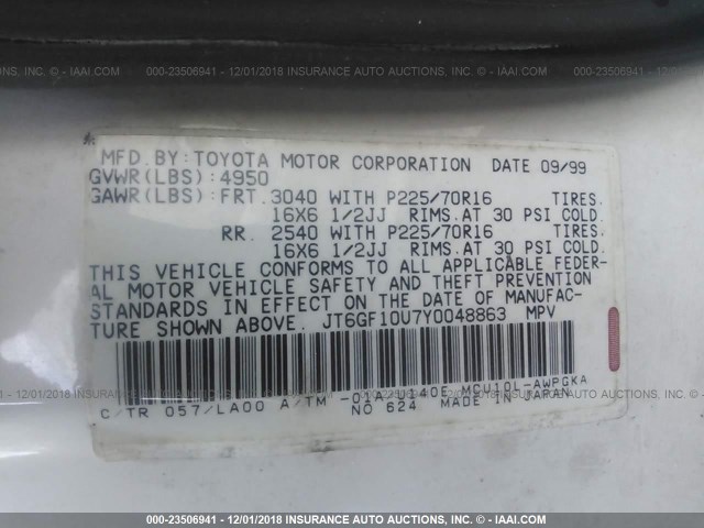 JT6GF10U7Y0048863 - 2000 LEXUS RX 300 WHITE photo 9