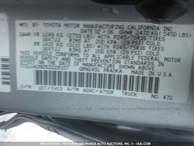 5TELU42N26Z228107 - 2006 TOYOTA TACOMA DOUBLE CAB 银色 照片 9