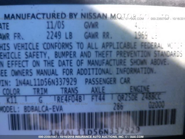 1N4AL11D56N337929 - 2006 NISSAN ALTIMA S/SL GRAY photo 9