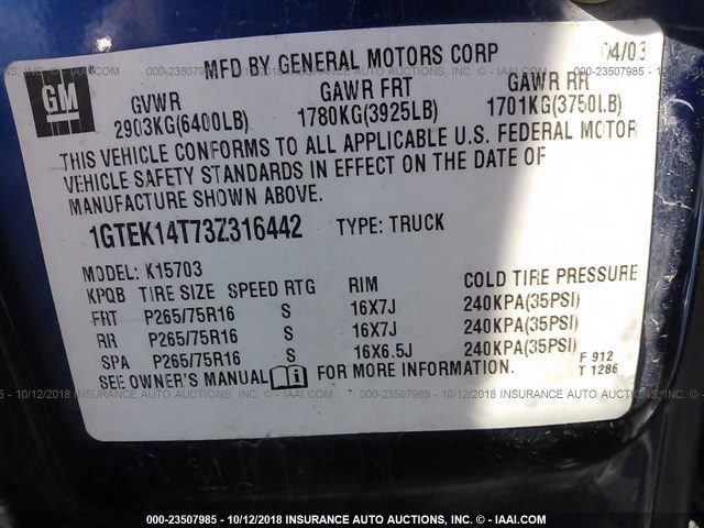 1GTEK14T73Z316442 - 2003 GMC NEW SIERRA K1500 BLUE photo 9