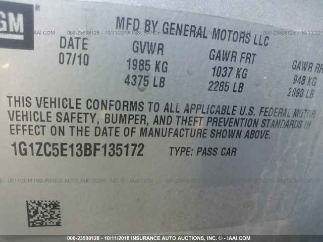 1G1ZC5E13BF135172 - 2011 CHEVROLET MALIBU 1LT SILVER photo 9