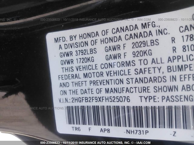 2HGFB2F9XFH525076 - 2015 HONDA CIVIC EXL BLACK photo 9