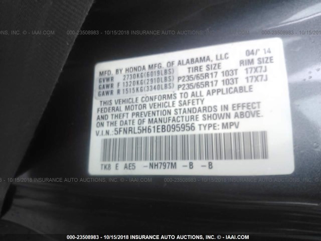 5FNRL5H61EB095956 - 2014 HONDA ODYSSEY EXL GRAY photo 9