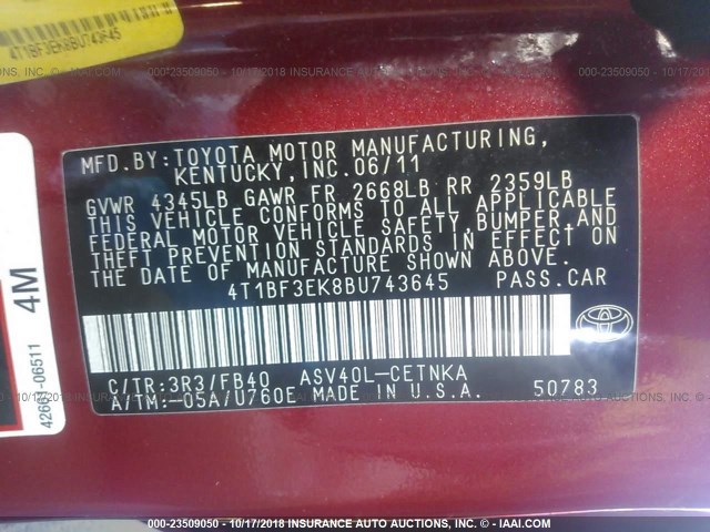 4T1BF3EK8BU743645 - 2011 TOYOTA CAMRY SE/LE/XLE 红色 照片 9