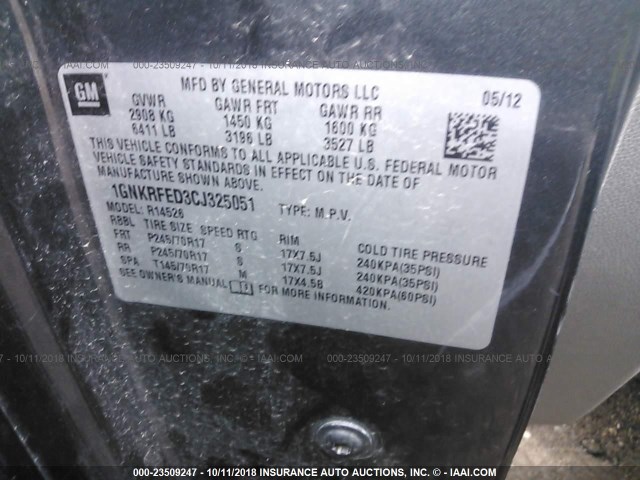 1GNKRFED3CJ325051 - 2012 CHEVROLET TRAVERSE LS GRAY photo 9