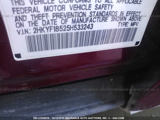 2HKYF18525H533243 - 2005 HONDA PILOT EXL RED photo 9