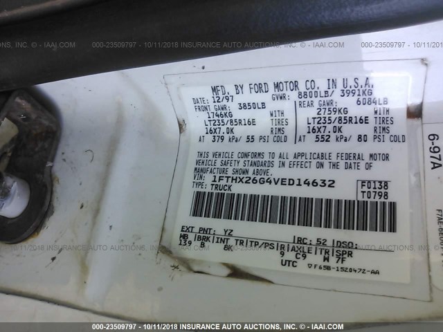 1FTHX26G4VED14632 - 1997 FORD F250 WHITE photo 9