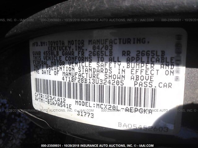 4T1BF28B13U324205 - 2003 TOYOTA AVALON XL/XLS GRAY photo 9