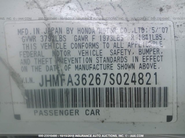 JHMFA36267S024821 - 2007 HONDA CIVIC HYBRID WHITE photo 9