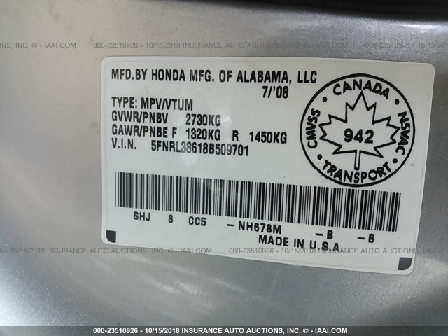 5FNRL38618B509701 - 2008 HONDA ODYSSEY EXL SILVER photo 9