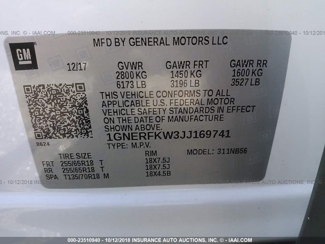 1GNERFKW3JJ169741 - 2018 CHEVROLET TRAVERSE LS WHITE photo 9