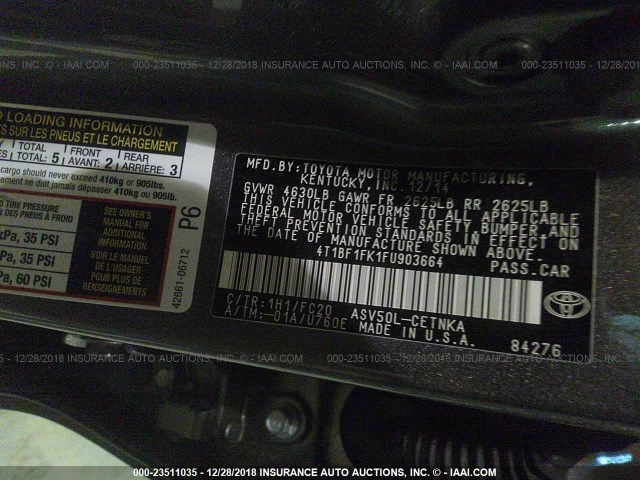 4T1BF1FK1FU903664 - 2015 TOYOTA CAMRY LE/XLE/SE/XSE GRAY photo 9