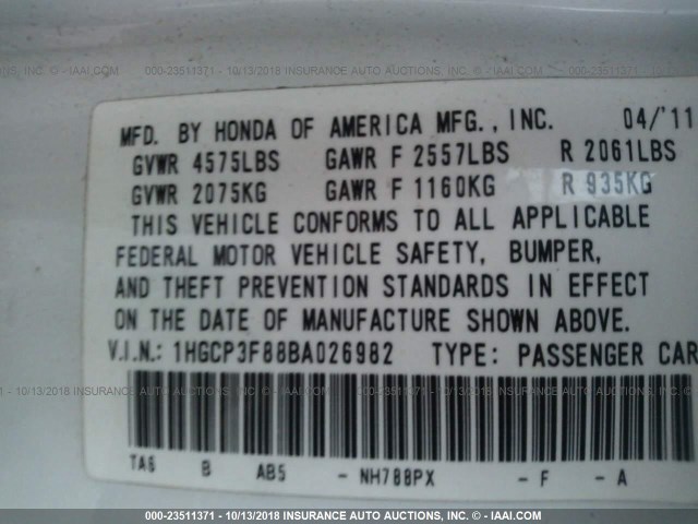 1HGCP3F88BA026982 - 2011 HONDA ACCORD EXL WHITE photo 9