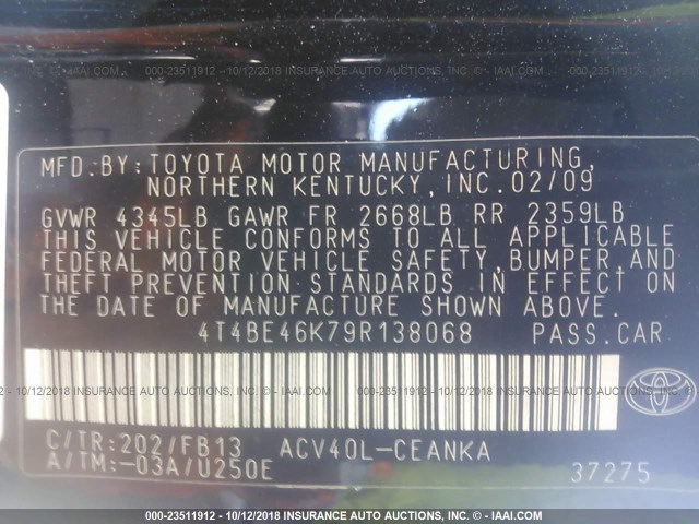 4T4BE46K79R138068 - 2009 TOYOTA CAMRY SE/LE/XLE BLACK photo 9