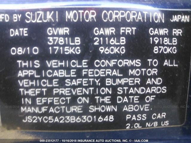 JS2YC5A23B6301648 - 2011 SUZUKI SX4 LE BLUE photo 9