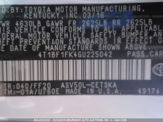 4T1BF1FK4GU225042 - 2016 TOYOTA CAMRY LE/XLE/SE/XSE WHITE photo 9