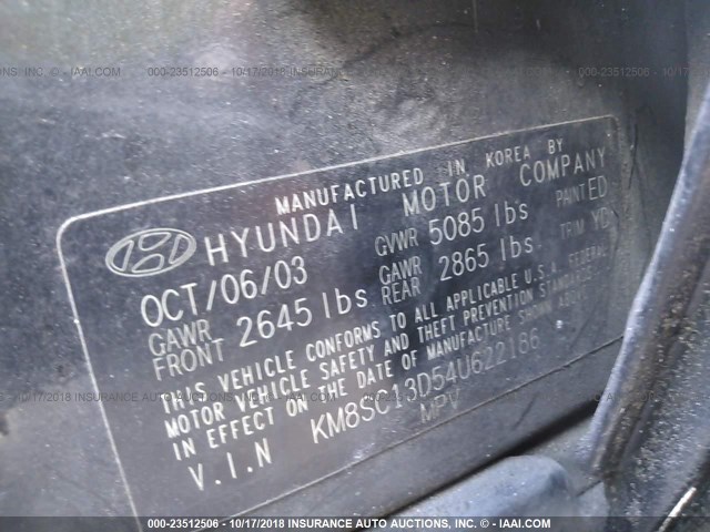 KM8SC13D54U622186 - 2004 HYUNDAI SANTA FE GLS/LX BLACK photo 9